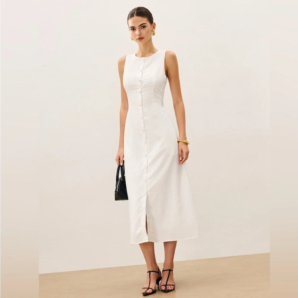 Commense Cotton & Linen Button-Front Sleeveless Dress With Tie NWT Size L - Picture 5 of 9